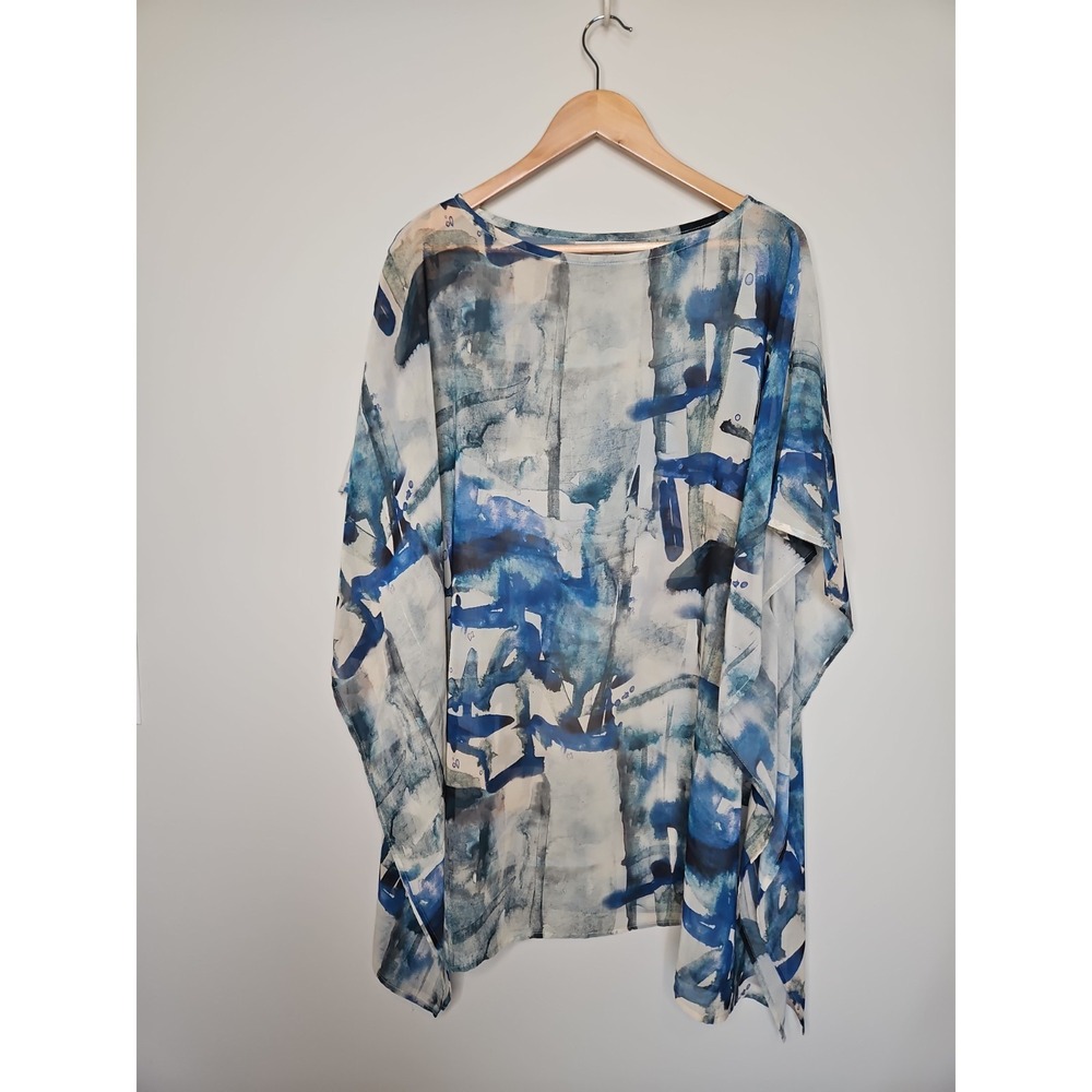 Bryn Walker XXL Poncho Top Blue Watercolor Abstract Artsy Popover Flowy Coastal